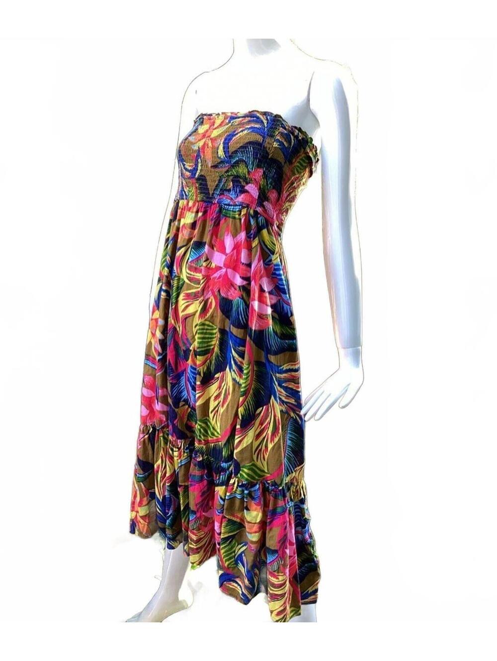 Aerie Strapless Tropical Print Midi Sun Dress Size Med Beach Resort Vacation